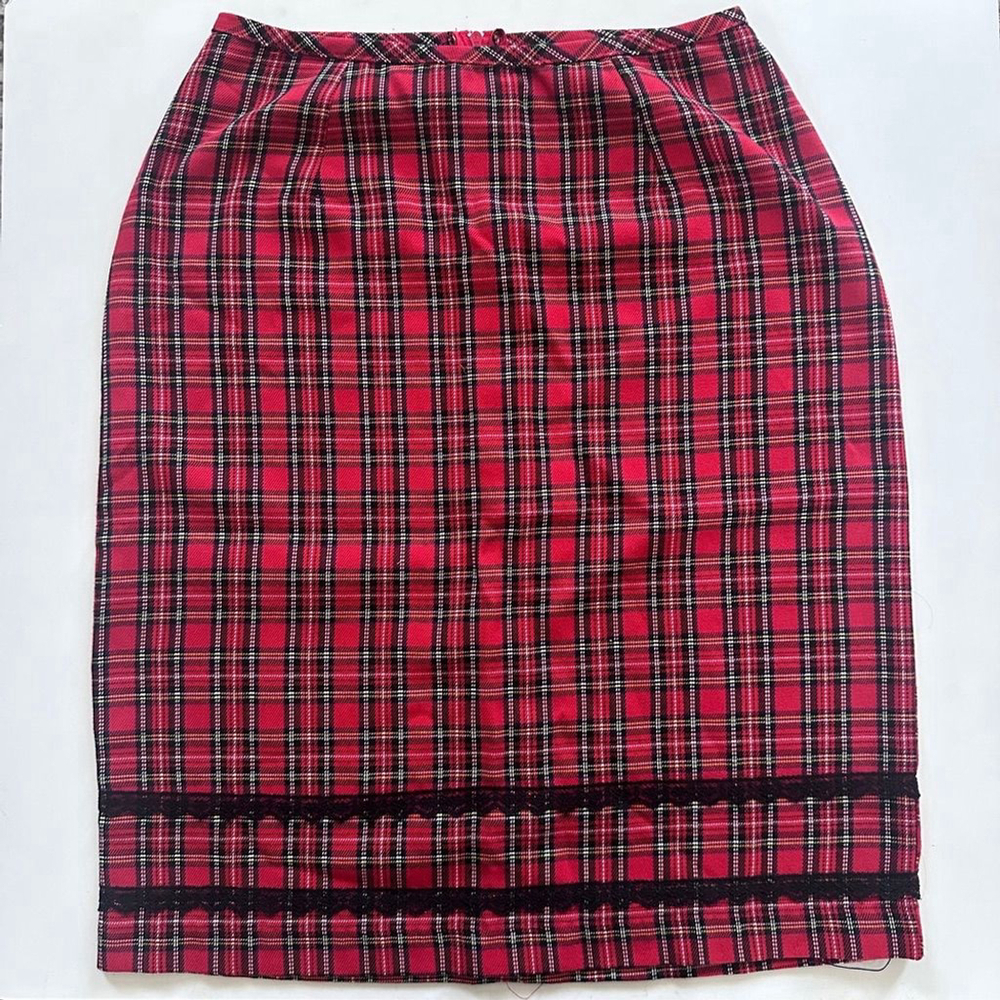Vintage Penelope Red Plaid Midi Skirt Lace Trim Small Holiday Classic
